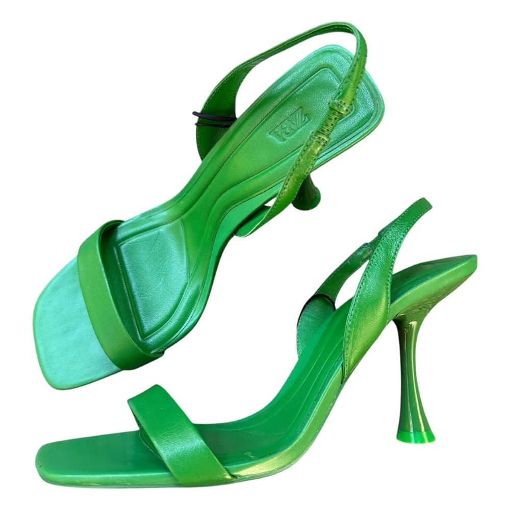 Zara Green Slingback Heeled Leather Sandals Women’s size 42